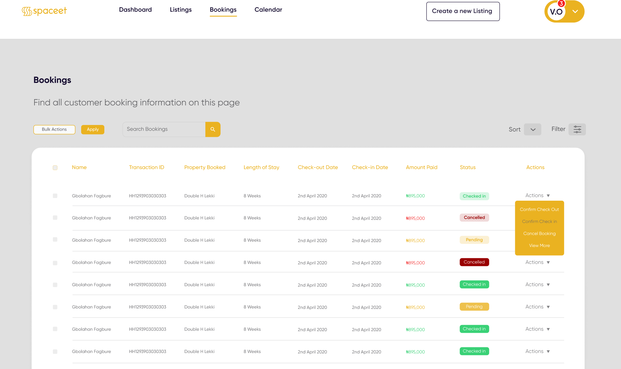 Spaceet Bookings Page